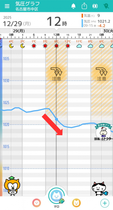 12月29日　名古屋の気圧グラフ