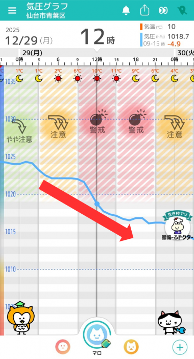 12月29日　仙台の気圧グラフ