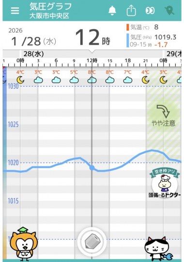 1月28日　大阪の気圧グラフ