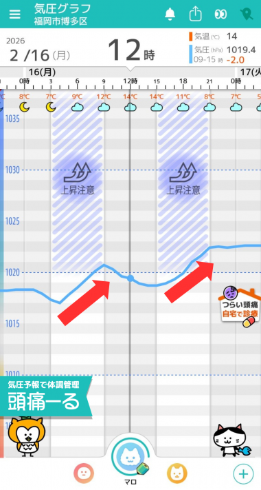 2月16日　福岡の気圧グラフ