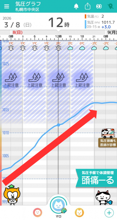 3月8日　札幌の気圧グラフ