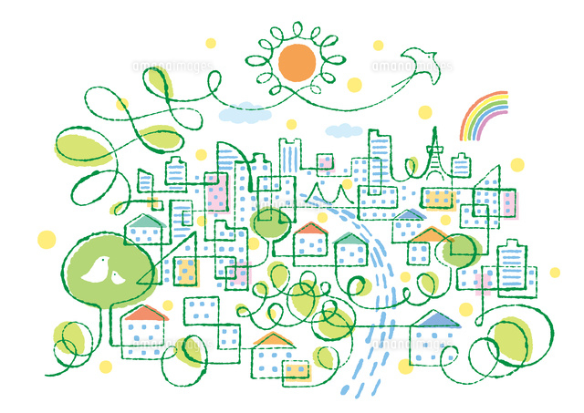 鳥と太陽と虹と川のある街 02438000262 の写真素材 イラスト素材