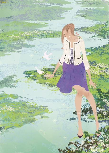 春の水辺で小鳥と遊ぶ女性
(c)Yuko Yoshioka