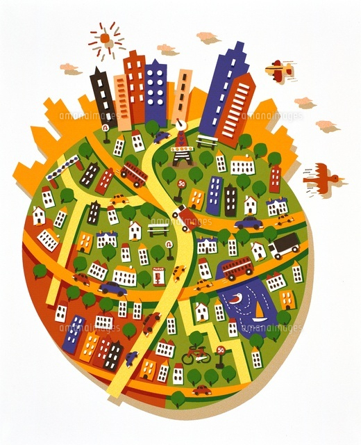 ビル群と住宅街の地図イラスト