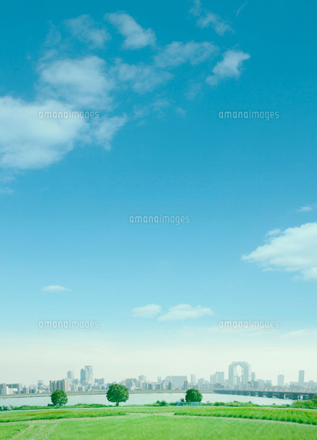 青空と河川敷と街並み の写真素材 イラスト素材 アマナイメージズ