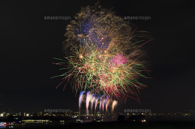 足立の花火と屋形船 の写真素材 イラスト素材 アマナイメージズ