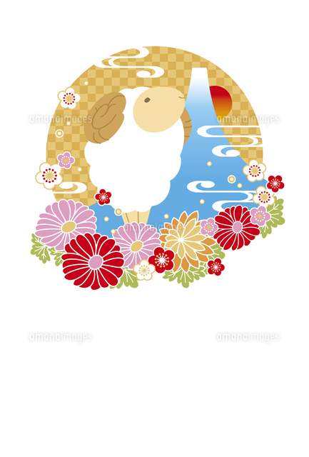年賀状 未年 羊と富士と花 黄 の写真素材 イラスト素材 アマナイメージズ