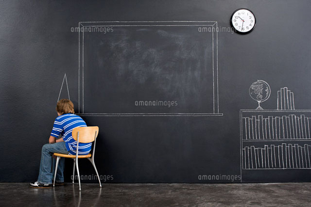 A boy sat in a corner with a chalk dunce cap
(c)Image Source