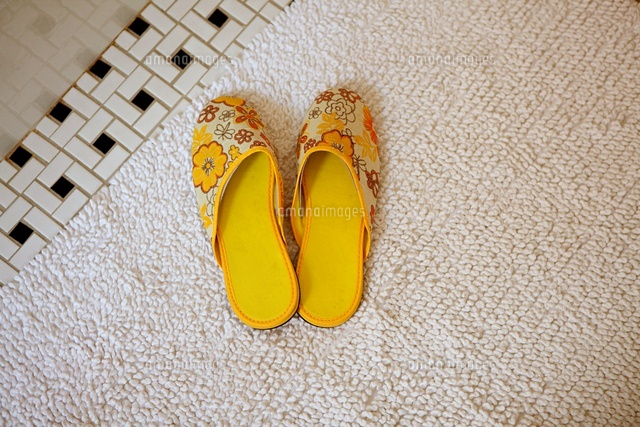Pair of yellow slippers on rug
(c)Image Source