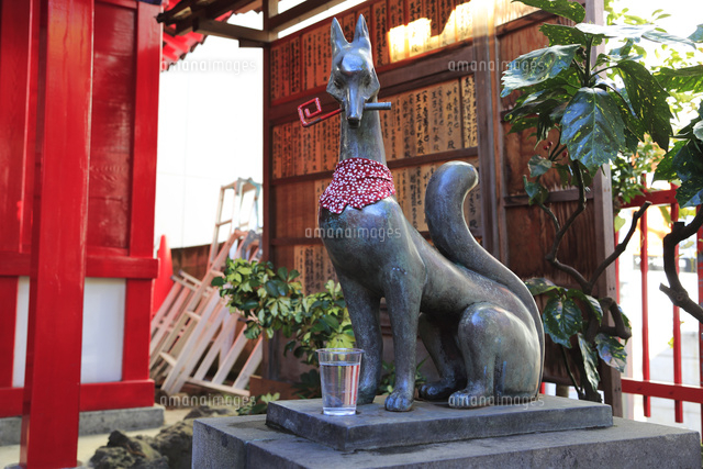 装束稲荷神社ブロンズ製の狛狐 オキツネ様 の写真素材 イラスト素材 アマナイメージズ