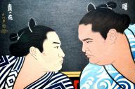 曙と貴ノ花の錦絵=2014年8月7日、稲敷市立歴史民俗資料館