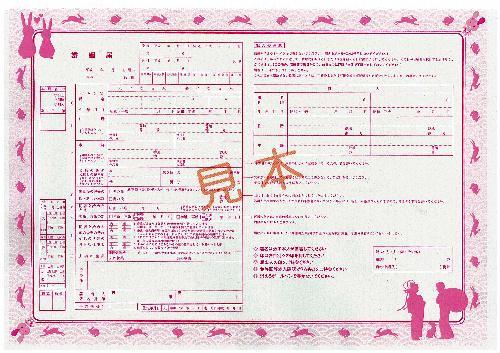 鳥取市独自の婚姻届の見本。ピンクの縁取りに白ウサギなどをあしらっている＝鳥取市提供