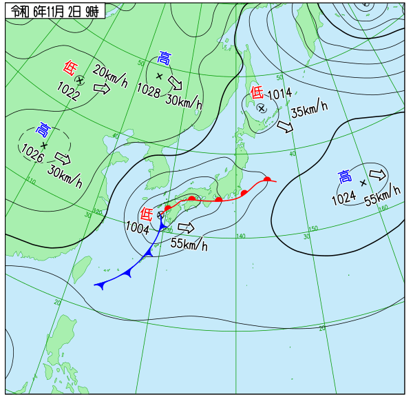 天気図を見ると、同じ位置に寒冷前線がある