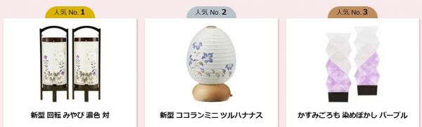 関東地区の盆提灯人気ランキングトップ３。よりコンパクトで、コードレスのタイプが人気だそうだ