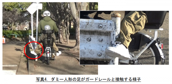 ダミー人形の足がガードレールと接触する様子