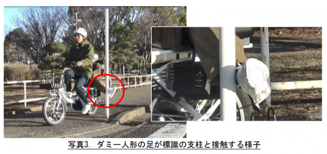 国民生活センターが事故情報を参考に再現テストをしたときの様子。人形の足が支柱と接触することがありました