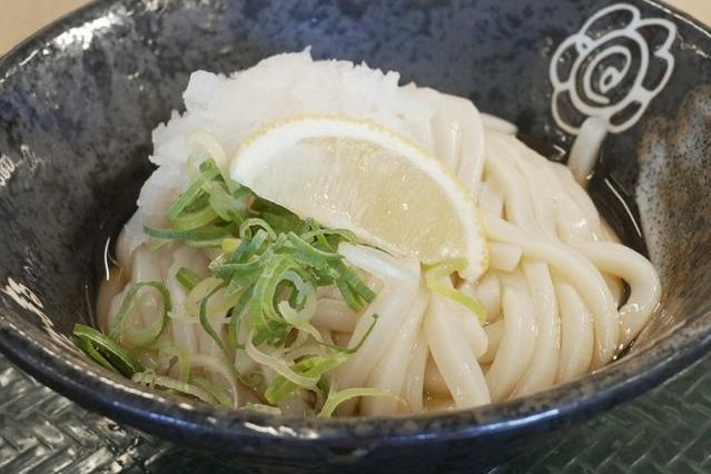 はなまるうどんの人気メニュー「おろしぶっかけ」。香川県内の14店舗では讃岐うどんのために開発された小麦「さぬきの夢」が使用されています=高松市木太町、西田堅一撮影