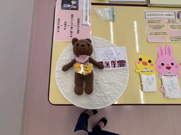 髙橋さんが作ったウエイトベア。リトルベビーサークル「ゆきんこ」の展示会に並べています