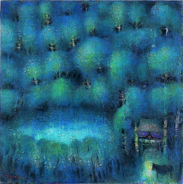 憲法を絵画で表現した「憲法シリーズ」。作品名『鎮守の杜』。第2条「皇位の継承」を絵画で表現しました