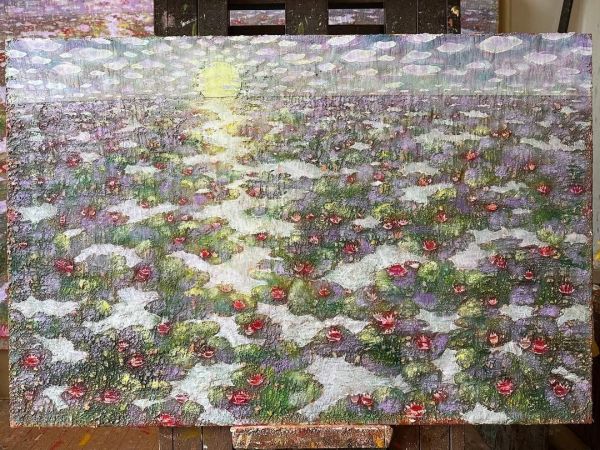 作品名『朝陽に目覚める睡蓮池』。完成した作品は76層からできており、その45層目。