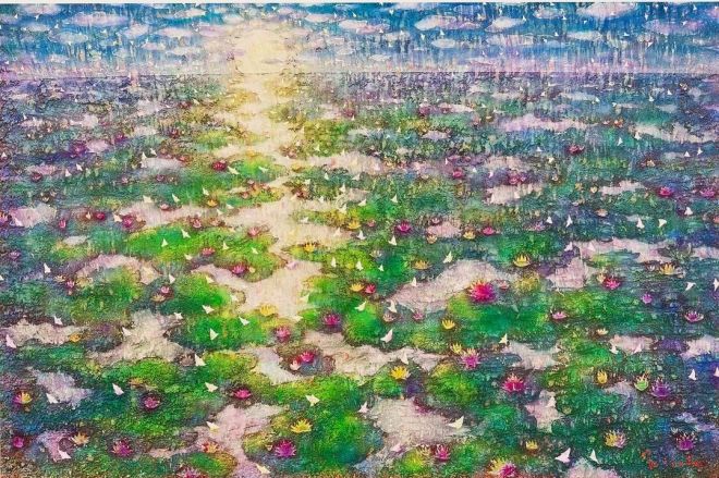 作品名『朝陽に目覚める睡蓮池』。76層の絵の具からできています