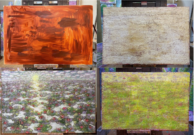 作品名『朝陽に目覚める睡蓮池』。完成した作品は76層からできており、（左上から時計回りに）1層目、12層目、20層目、45層目