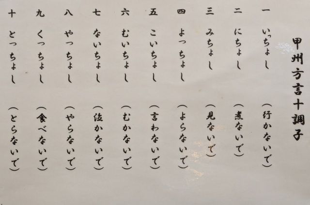 甲州方言の「ちょし」が一から十まで調子よく並んでいます。まるで数え歌のようです＝甲府市の郷土料理店