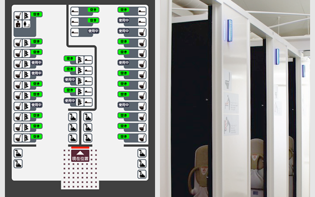  愛鷹パーキングエリアのトイレにある、個室の空き状況がわかる地図（左）と、個室ドアの開閉を検知するセンサー