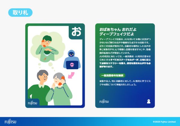 「Fujitsu AI倫理かるた」の「お」の絵札と解説札