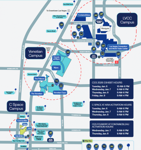 主な会場は赤い点線で囲まれた三つのエリアに分かれています