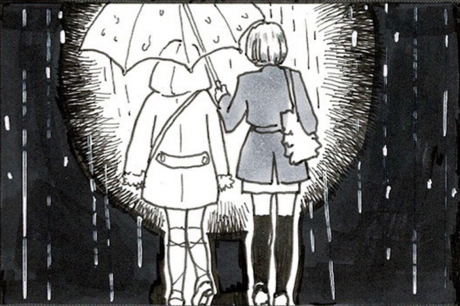 傘をさしている女性2人。相手の方に傾けていて&hellip;&hellip;