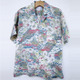 オリエンタル アロハシャツ　（男性Lサイズ半袖）　白地に花柄と水紋