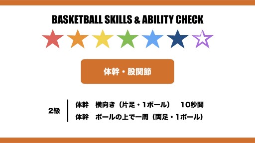 ①体幹｜横向き（片足・1ボール） 10秒間　②体幹｜ボールの上で一周（両足・1ボール）