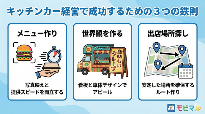 キッチンカー経営で成功するための３つの鉄則　イラスト