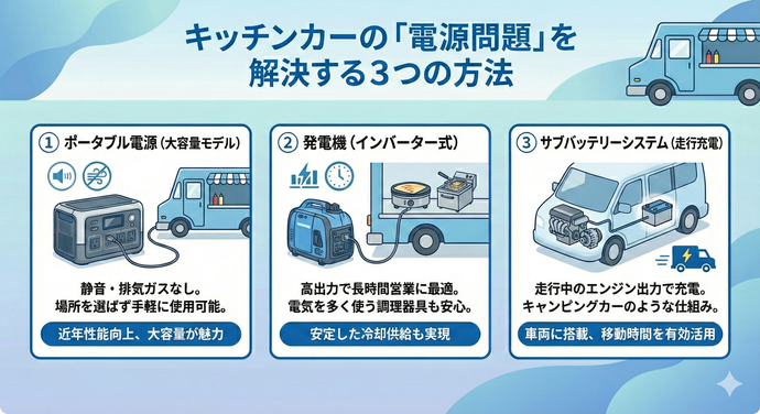 キッチンカーの冷蔵庫を使う際の電源確保方法
