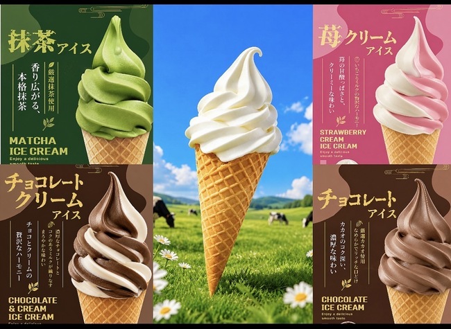 ソフトクリーム(バニラ、チョッコレート、抹茶，)