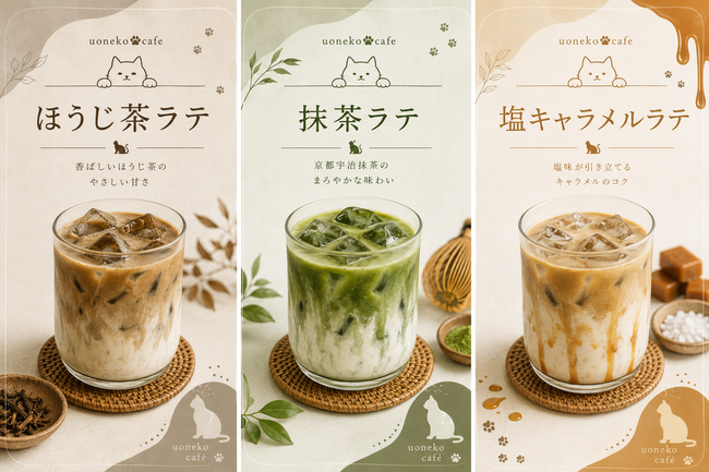 アイス抹茶ラテ、ほうじ茶ラテ、塩キャラメルラテ