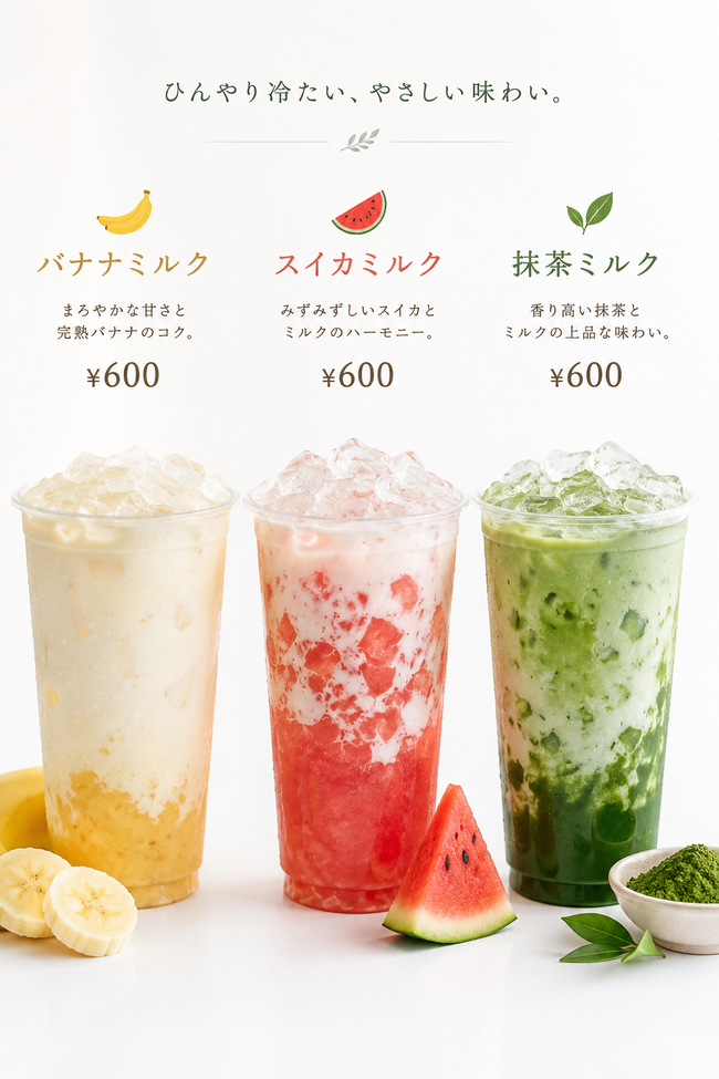 バナナミルク、スイカミルク、抹茶ミルク