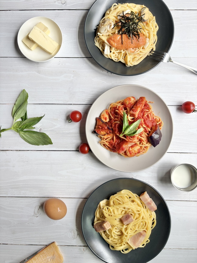 ベーコンと茄子のトマトパスタ