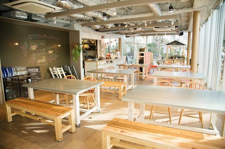 ガラス張りの窓から日が注ぐ明るい店内