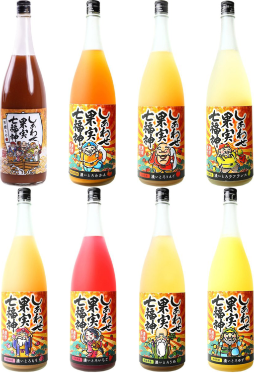 しあわせ果実 七福神:濃いとろみかん、濃いとろりんご、濃いとろラフランス、濃いとろもも、濃いとろいちご、濃いとろうめ、濃いとろゆず、無糖うめ しあわせ果実 にごり果実:りんご、ライチ、ラ・フランス、ゆず、もも、ぱいん、ベリー、みかん、うめ、いちご、マンゴー、バナナ、キウイ、レモン、ぶどう