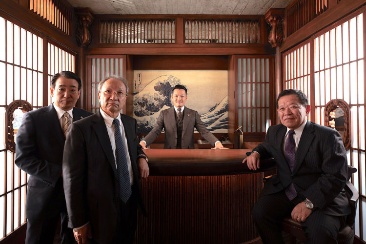 キックオフに集結したプロジェクト参画社の代表者。左より三和酒類・下田社長、高橋酒造・高橋社長、SG Group・後閑信吾、薩摩酒造・本坊社長 (撮影場所:The SG Club)