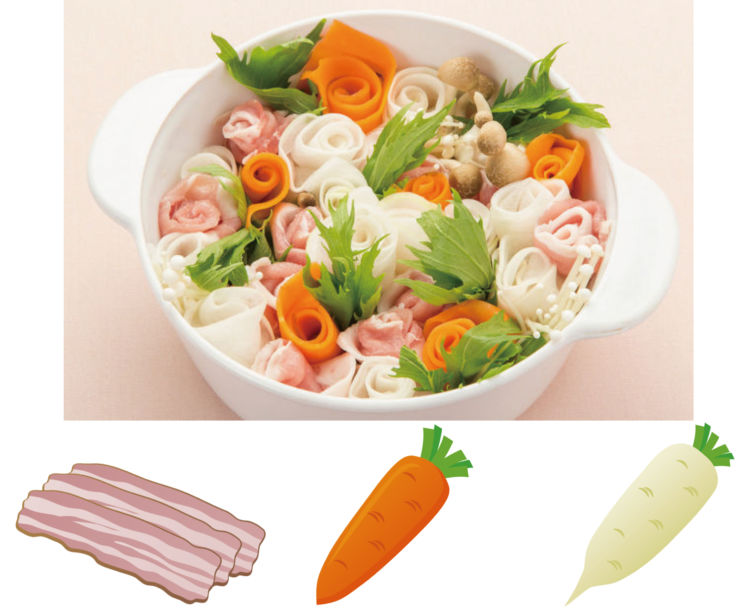 材料は全部くるくると丸めて。バラの花が敷き詰められたお鍋に!