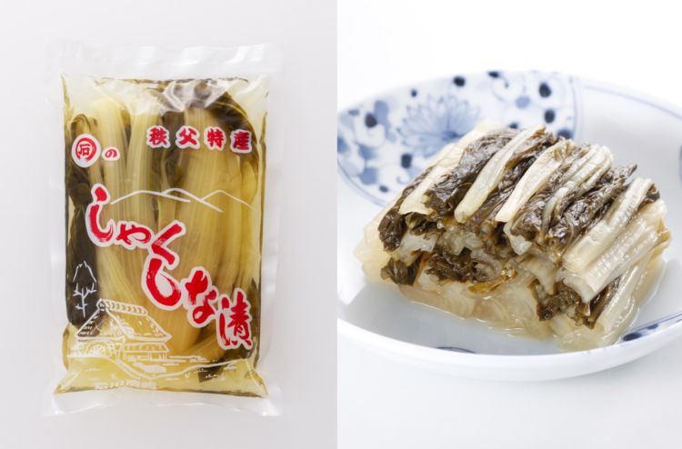 その秩父市に古くから伝わるのが“しゃくしな漬”。「しゃくしな」とは「しゃくし菜」のこと。雪白大菜(せっぱくたいさい)というチンゲン菜に似た野菜の秩父地方での呼び名で、毎年、冬の保存食として各家庭で漬け続けてきたものです。