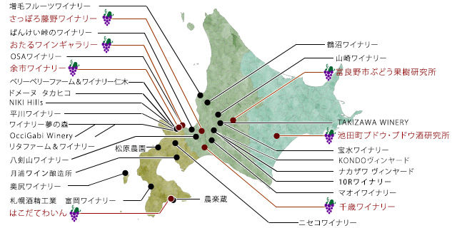 北海道で開設されたワイナリーは37軒。主に空知エリア、余市エリアに多く存在しています。