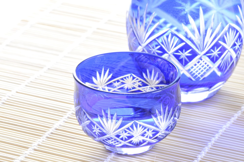 Blue edo-kiriko glassware