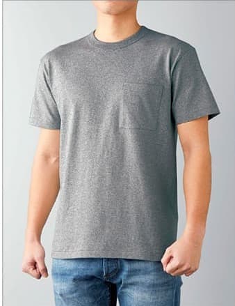 バンダーネックTシャツの着用イメージ:モデル 身長175cm ヘザーグレー Mサイズ着用