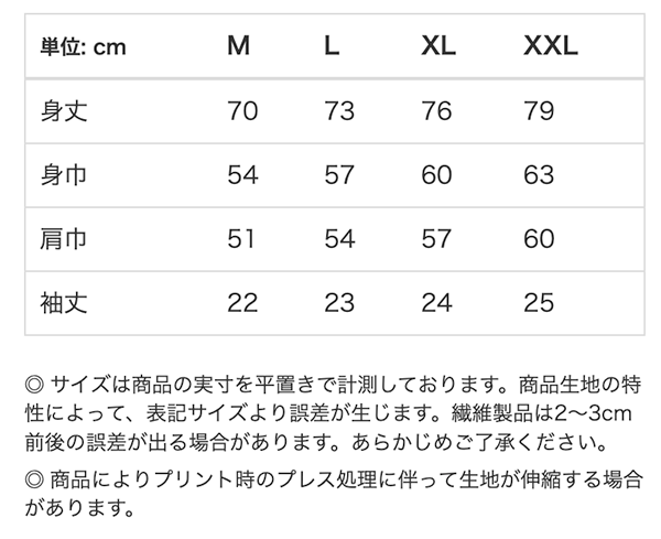 オープンエンドラギッドTシャツのサイズ表