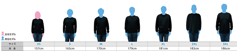 スーパーヘビー長袖Tシャツのサイズ別着用写真