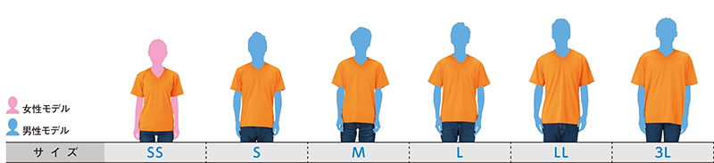 スポーツドライVネックTシャツのサイズ別着用写真